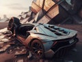 Crashed abandoned rusty expensive atmospheric supercar circulation banned for co2 emission dystopian