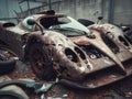 Crashed abandoned rusty expensive atmospheric supercar circulation banned for co2 emission dystopian