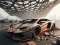 Crashed abandoned rusty expensive atmospheric supercar circulation banned for co2 emission dystopian