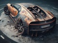 Crashed abandoned rusty expensive atmospheric supercar circulation banned for co2 emission dystopian Royalty Free Stock Photo