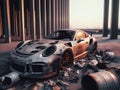 Crashed abandoned rusty expensive atmospheric supercar circulation banned for co2 emission dystopian Royalty Free Stock Photo