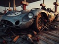 Crashed abandoned rusty expensive atmospheric supercar circulation banned for co2 emission dystopian