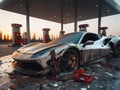 Crashed abandoned rusty expensive atmospheric supercar circulation banned for co2 emission dystopian