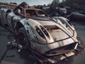 Crashed abandoned rusty expensive atmospheric supercar circulation banned for co2 emission dystopian