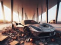 Crashed abandoned rusty expensive atmospheric supercar circulation banned for co2 emission dystopian Royalty Free Stock Photo