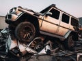 Crashed abandoned rusty expensive atmospheric suv as circulation banned for co2 emission 2030 agenda