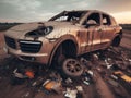 Crashed abandoned rusty expensive atmospheric suv as circulation banned for co2 emission 2030 agenda Royalty Free Stock Photo