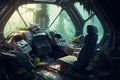 Crashed abandoned spaceship, empty overgrown cabin, generative AI