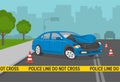 Crashed blue sedan car on city road. Do not cross yellow tape at road accident scene. Royalty Free Stock Photo