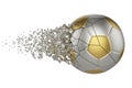 Crashed broken soccer ball isolated on white background. Gold and silver shattered football ball. Royalty Free Stock Photo