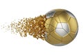 Crashed broken soccer ball isolated on white background. Gold and silver shattered football ball. Royalty Free Stock Photo
