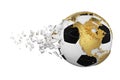 Crashed broken soccer ball with planet earth globe concept isolated on white background. Football ball with gold continents. Royalty Free Stock Photo