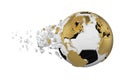 Crashed broken soccer ball with planet earth globe concept isolated on white background. Football ball with gold continents. Royalty Free Stock Photo