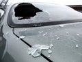 A crashed car heated rear window broken by an accidentally cast stone Royalty Free Stock Photo