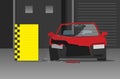 Crashed car vector illustration on dark garage, crash test concept