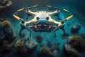 Crashed Drone With Broken Propellers underwater. Broken Quadcopter lies on sea bottom. Generative AI Royalty Free Stock Photo