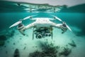 Crashed Drone With Broken Propellers underwater. Broken Quadcopter lies on sea bottom. Generative AI Royalty Free Stock Photo