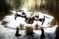 Crashed Drone With Broken Propellers underwater. Broken Quadcopter lies on sea bottom. Generative AI Royalty Free Stock Photo