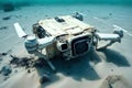 Crashed Drone With Broken Propellers underwater. Broken Quadcopter lies on sea bottom. Generative AI Royalty Free Stock Photo