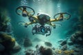 Crashed Drone With Broken Propellers underwater. Broken Quadcopter lies on sea bottom. Generative AI Royalty Free Stock Photo