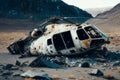 Tragic scene of helicopter crash: mangled helicopter lying in a field, Generative AI