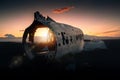Crashed plane Dakota on black beach at the sunset