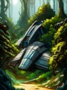 Crashed spaceship in a dense forest surrounded by rocks and grass