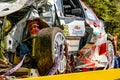 Crashed Toyota Yaris WRC race car loaded on towing truck after crash at Croatia WRC Championship