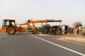 Crashed Truck lies on the road after incident.