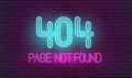 Crashed website retro neon. Page not found neon letters on brick wall. 404 error page in retro style.