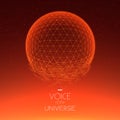Crashing red space sphere. Abstract vector background with tiny stars. Glow of sun from the bottom.