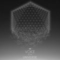 Crashing space grayscale object. Abstract vector background with tiny stars. Glow of sun from the bottom.