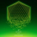Crashing space green object. Abstract vector background with tiny stars. Glow of sun from the bottom.