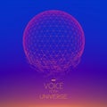 Crashing violet space sphere. Abstract vector background with tiny stars. Glow of sun from the bottom.