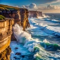 Crashing waves against sunlit cliffs ocean spray Royalty Free Stock Photo