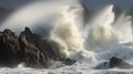 Crashing waves, wind-blown sea spray, and the turbulent atmosphere along the shore