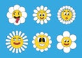 Crasy, groovy hippie 70s, 60s, 50s set vector. Plant character with mascot. Crazy mems of eyes and mouths. Sad, happy