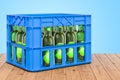 Crate with beer bottles on the wooden table, 3D rendering Royalty Free Stock Photo