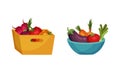 Crate and Bowl Full of Fresh Vegetable from Greengrocery Vector Set