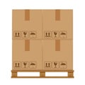 Crate boxes four on wooded pallet, wood pallet with cardboard box in factory warehouse storage, flat style warehouse cardboard