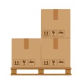 Crate boxes three on wooded pallet, wood pallet with cardboard box in factory warehouse storage, flat style warehouse cardboard