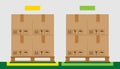 Crate boxes on wooded pallet and green marking area for products arrangement concept, stack cardboard box in factory warehouse