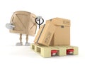 Crate character with hand pallet truck with cardboard boxes