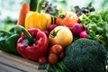 Crate filled with a large selection of healthy fresh organic fruits and vegetables shot on dark wooden table Royalty Free Stock Photo