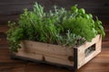 Crate wood aromatic herbs. Generate Ai