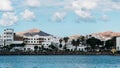 The crater of Cuervo volcano from Lanzarote, Canary Islands, Spain with the town on the foreground Royalty Free Stock Photo