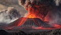 The crater is erupting, smoke, lava, Apocalyptic volcanic landscape with flowing lava and smoke and ash clouds.