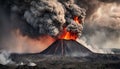 The crater is erupting, smoke, lava, Apocalyptic volcanic landscape with hot flowing lava smoke and ash clouds.