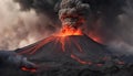 The crater is erupting, smoke, lava, Apocalyptic volcanic landscape with hot flowing lava and smoke and clouds.