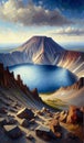 A crater lake atop a dormant volcano, surrounded by rocky terrain. landscape, Nature Painting